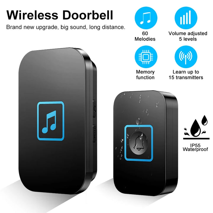 Intelligent Wireless Doorbell 300M Range 5-Volume Outdoor Waterproof Doorbell Samrt Home Welcome Door Chime Kit EU US Plug