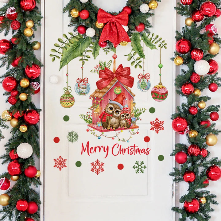 Merry Christmas Owl House Wall Sticker Christmas Door Decor Mural Living Room Cartoon New Year Decoration Self-adhesive Decals