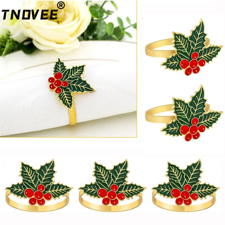 6Pcs Christmas Napkin Rings Green Holly Leaf with Berries Napkin Holder for Winter Wedding Christmas Holiday Table Decor ERC181