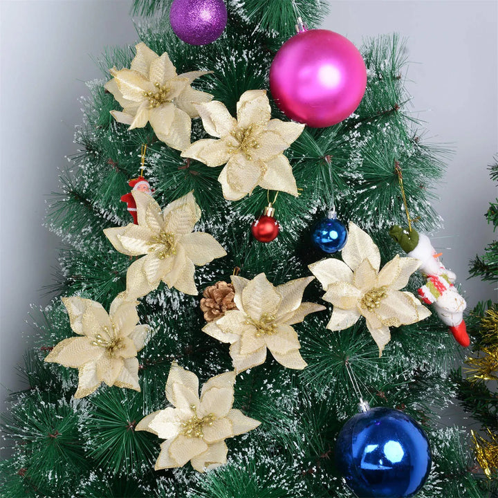 24Pcs Glitter Artificial Christmas Flowers Wedding Christmas Tree Wreaths Ornament Indoor Christmas Decorations For Chrtmas