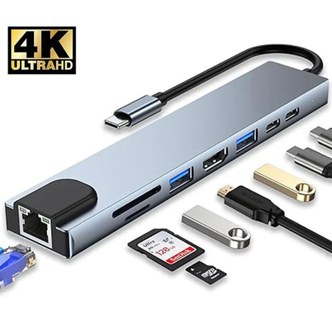 8 in 1 USB C Hub Type-C to Multiports 4K HDMI RJ45 PD Charge SD/TF Card Reader Type C To USB Adapter Dock For MacBook Air Pro PC