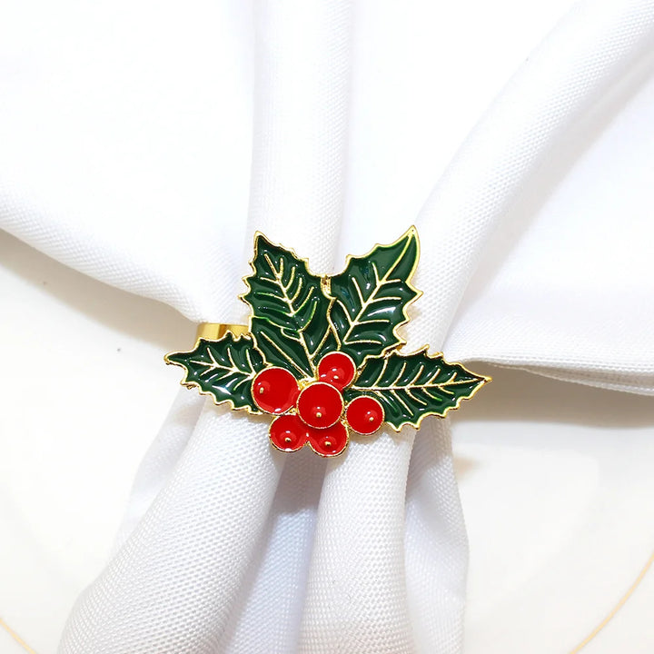 6Pcs Christmas Napkin Rings Green Holly Leaf with Berries Napkin Holder for Winter Wedding Christmas Holiday Table Decor ERC181