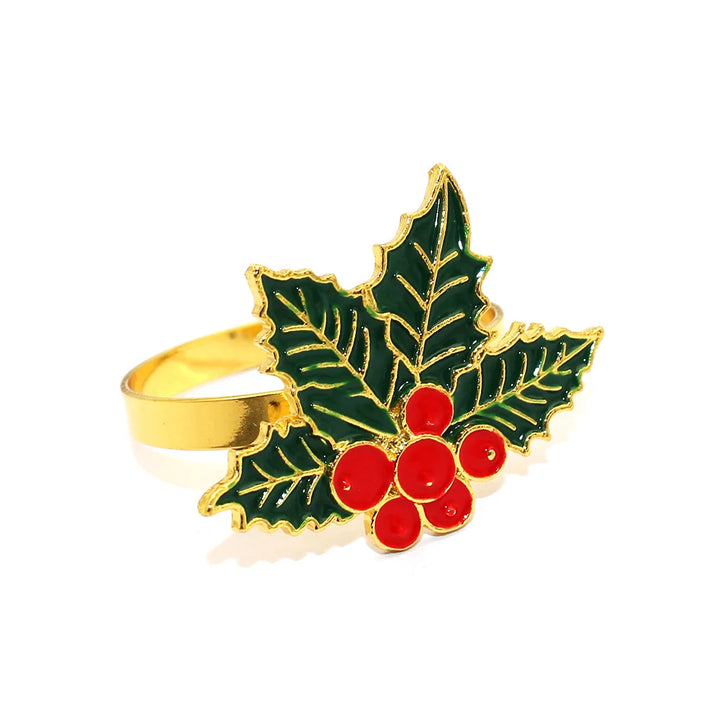 6Pcs Christmas Napkin Rings Green Holly Leaf with Berries Napkin Holder for Winter Wedding Christmas Holiday Table Decor ERC181