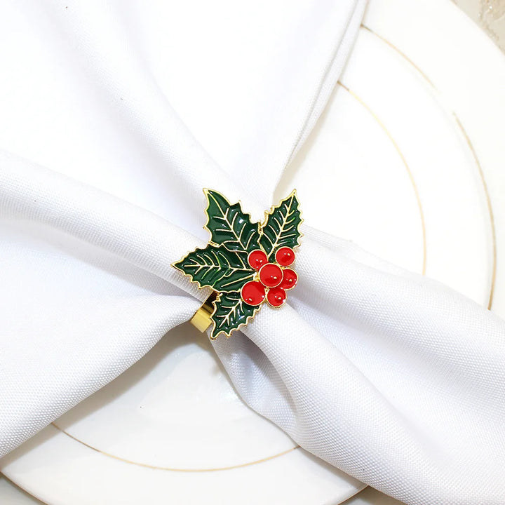 6Pcs Christmas Napkin Rings Green Holly Leaf with Berries Napkin Holder for Winter Wedding Christmas Holiday Table Decor ERC181