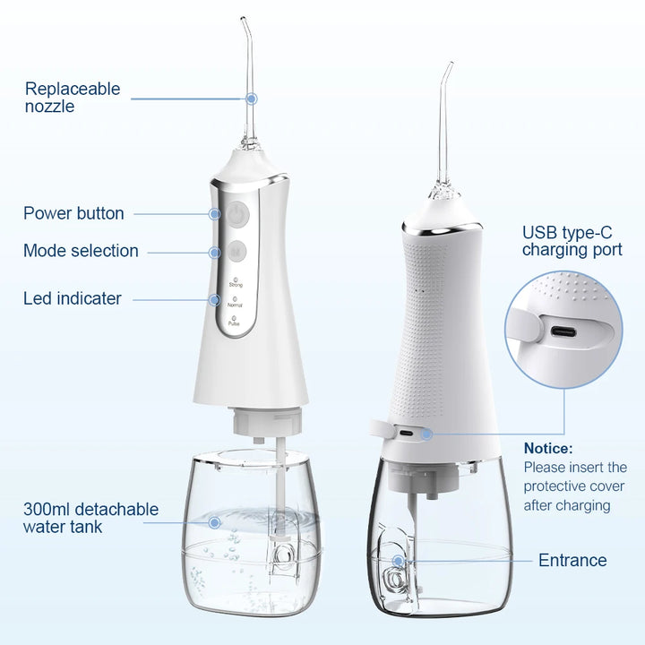 Dental Oral Irrigator Water Flosser Thread Teeth Pick Mouth Washing Machine 5 Nozzels 3 Modes USB Rechargeable 300ml Tank