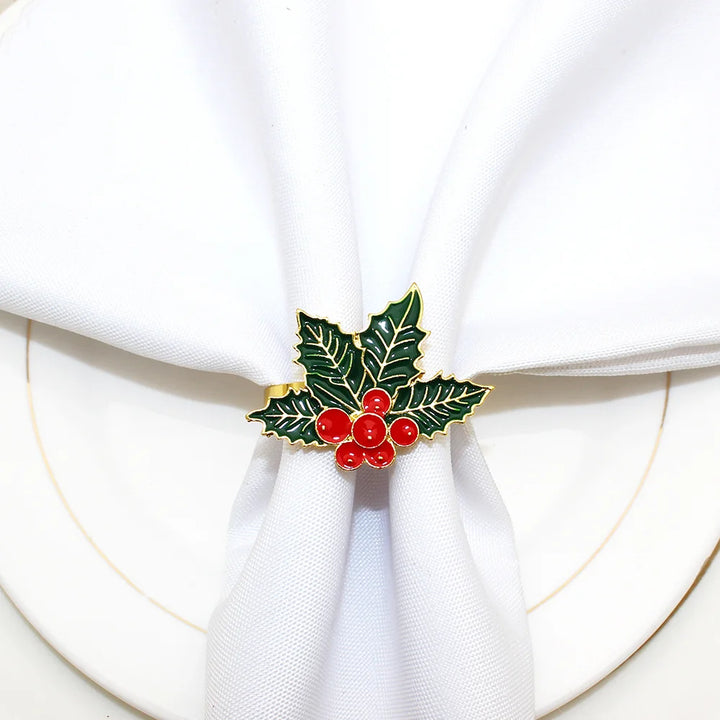 6Pcs Christmas Napkin Rings Green Holly Leaf with Berries Napkin Holder for Winter Wedding Christmas Holiday Table Decor ERC181